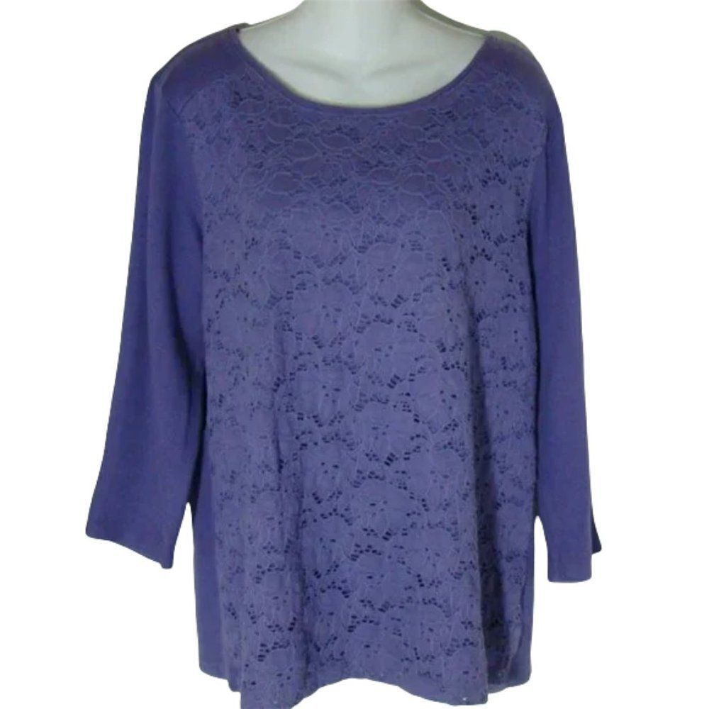 Croft & Barrow Purple Floral Crochet Lace Overlay Tunic 3/4 Sleeve Large